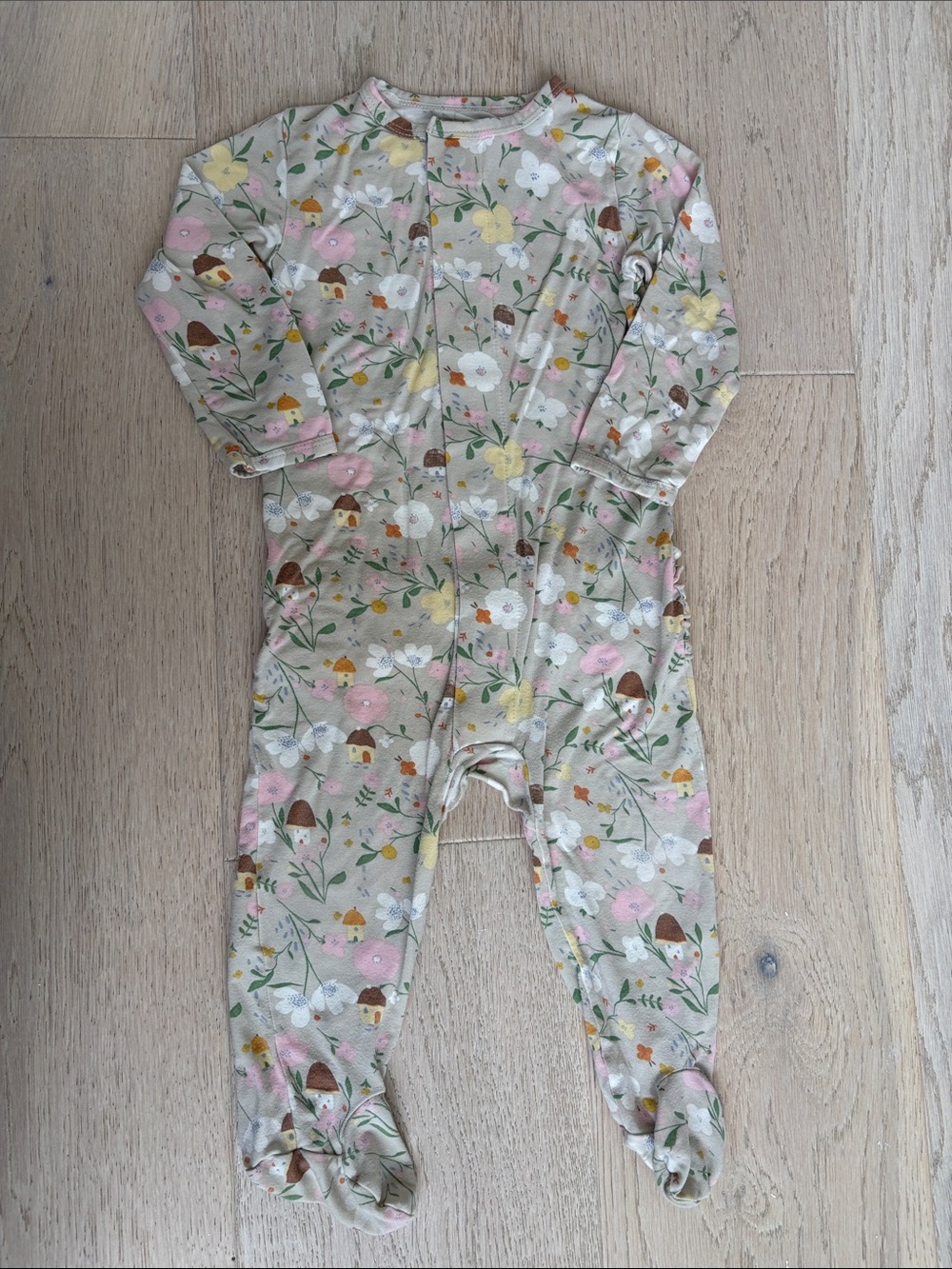 Magnetic Me Beige Floral Footed One-Piece with Pink Yellow White Accents